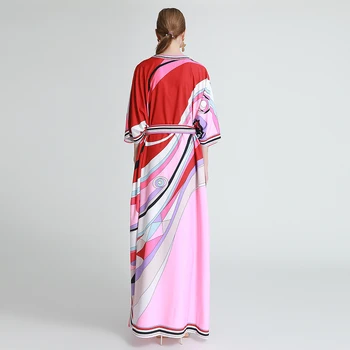 MIUXIMAO 2020 Bohemian Plus Velikost Obleko O-vratu Batwing Rokav Maxi Obleka Ženske Geometrijske tiskanja Nov Modni tam kaftan Obleka S Pasom