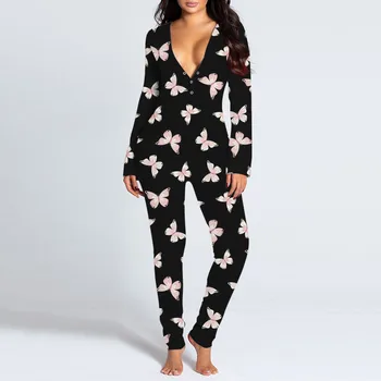 Ženske Proti-vrat Onesies Pijamas Gumb navzdol Spredaj Funkcionalne Buttoned Zavihek Pižamo Odraslih Sleepwear Jumpsuit Pyjama Oversize#40