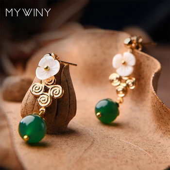 Novo vintage bakreni uhani za ženske,zelene narave kamni Etnične uhani nakit,modni lupini cvetovi visijo uhani