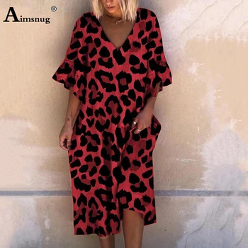 Plus velikost 3xl Ženske Poletje Obleko za Prosti čas V Vratu Leopard Pika Boho Tiskanja Obleke 2020 Gospe Priložnostne Svoboden Mid-Tele Obleko Femme