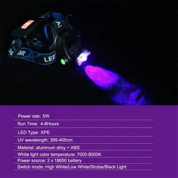 TOPCOM Močan 4-Način LED Žaromet 5W USB Polnilne Zoom Smerniki 395nm UV & White Glavo Baklo Za Kampiranje Scorpion Detektor