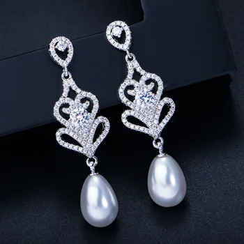 Sinzry Luksuzni gorgous poročni nakit letnik kubičnih cirkon stranka dolgi uhani simulirani pearl poročni uhani visijo
