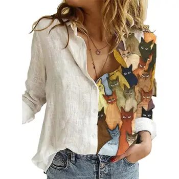 Mozaik Bluzo Mačke Gumb Dolg Rokav Eleganten Dizajn V Vratu Moda Urad Ženska, Dekle Rokavi Top Oblačila Multicolor Debelo