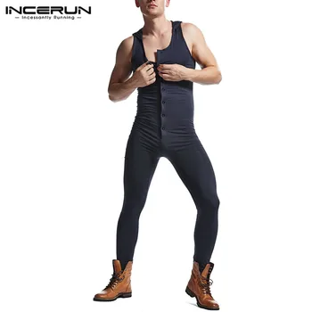 INCERUN Moških Jumpsuit Homewear Trdna brez Rokavov Kapuco Priložnostne Bodybuilding, Fitnes, igralne obleke Moda Gumb Pižamo Kombinezon S-5XL