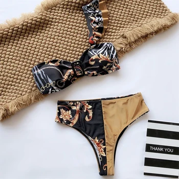 Vintage visoko pasu kopalke ženske rami bikini 2019 brazilski kopalke z ruffles Push up kopalke tiskanja biquini