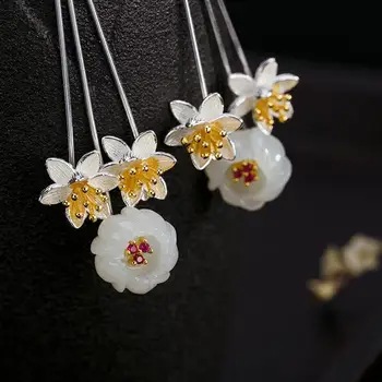 Novo novo srebro vdelan naravnih Hetian bela Chalcedony plum blossom Uhani Kitajski retro slogu čar ženske je luksuzni nakit