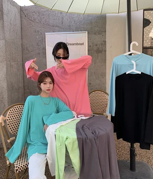 7 barv 2020 preppy stil womens vrhovi korejskem slogu osnovna barva svoboden dolg rokav t srajce ženska t majica femme (R99386