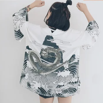 Bella Filozofija na Japonskem stilu Japonskih batwing rokav kimono tiskanja letnik Harajuku Slog Bluzo Valovi in Veter Zmaj Majice