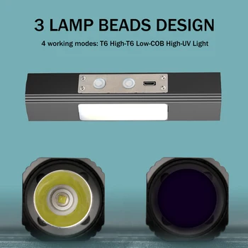 Multifunkcijski T6 LED Svetilko 365NM UV Svetilko Super Svetla Nepremočljiva COB Kamp Svetilka Magnet Design USB Polnilna Svetilka