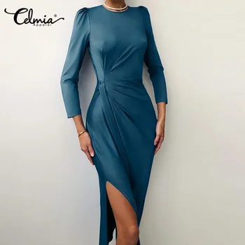 Celmia Ženske Fashion Night Club Stranka Obleko Elegantno Saten Maxi Haljo Seksi Visoko Režejo Dolg Rokav Vestido Plus Velikost Trdnih Obleke 7