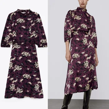 2020 Za Elegantno Cvjetnim Tiskanja Dolga Obleka Ženske Turtleneck Kravato Letnik Stranke Obleke Ženska Moda Nazaj Odpiranje Naguban Vestido