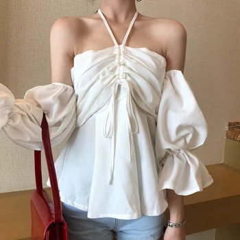 Seksi eno besedo ramenski ženska moda in ženske kratke poletne rog dolg rokav šifon bluzo Vetement Femme 2019 NOVA