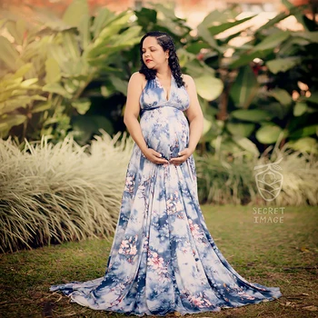 Modra Cvetlični Porodniškega Fotografija Prop Stretchy Stranke Obleke Proti-Vrat Nosečnosti Obleke Maxi Condole Pasu Baby Tuš Kostum