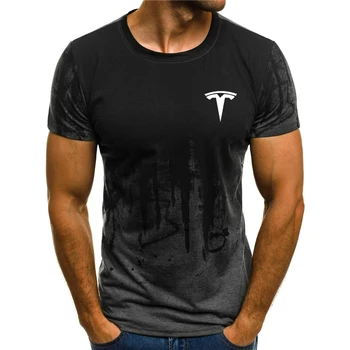 Tesla 3d logo T-shirt krog vratu gradient pismo tiskanje moda krog vratu kratek sleeved majica s kratkimi rokavi
