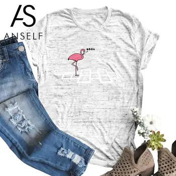 Anself Plus Velikost T-shirt Cartoon Živali Ptica Flamingo Številke Tiskanje Prevelike Majice s kratkimi rokavi Ženske okoli Vratu Kratek Rokav Smešno Tee