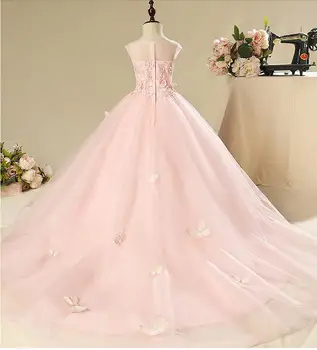 Eleganten Dolg Končni Dekleta Pageant Obleko Beaded Cvetlični Roža Punca Obleke za Poroko Prvem Obhajilu, Obleke za Stranko Princesa