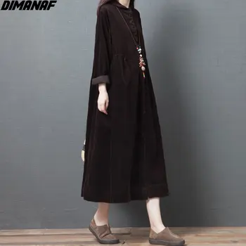 DIMANAF Plus Velikost Ženske obleke Letnik Jeseni Obleka Lady Velvet Vestidos Dolg Rokav Svoboden Priložnostne Žepi Črno Obleko 2020