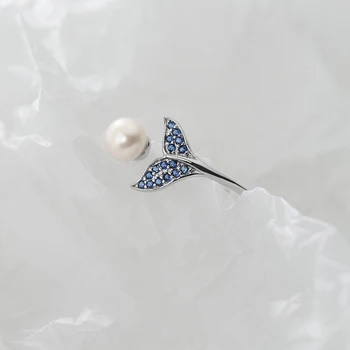 Modian Modra Kristal morska deklica Rep Elegantno Pearl Odprite Nastavljivim Obročem za Ženske Pravi 925 Sterling Srebro Živali Obroč Fine Nakit