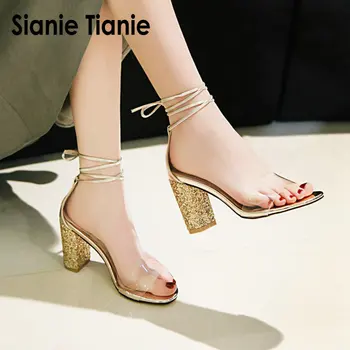 Sianie Tianie 2020 poletje PVC prozorni žele sandale srebrna bela bleščice blok visoke pete, gleženj prečni trak ženske sandali