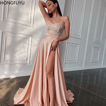 HONGFUYU Večerne Obleke Dolgo 2021 Formalno Obleko Elegantno Abiye Gece Elbisesi Čipke Haljo De Soiree Špagete Trakovi Maturantski Halje Razrežejo