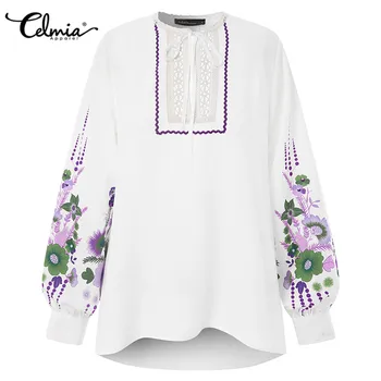 2021 Pomlad Ženske Majice Celmia Moda Long Sleeve Vintage Natisnjeni Bluze Jesensko O-vratu Priložnostne Svoboden Čipke Mozaik Vrhovi 7
