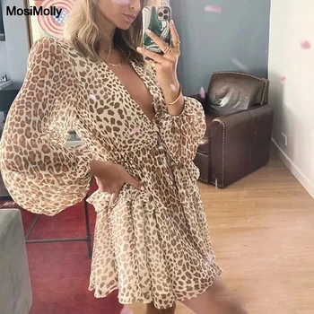 MosiMolly Seksi Boh Plaži Leopard Obleka Ženske Dolg Rokav Plast Ruffle Obleko Ženski Vestidos Mini Obleka Tiskanja Obleko