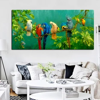 Umetniško Papiga Ptice na Vejah Lesa Krajine Oljna slika na Umetniško Platno Plakat Tisk Stenskih slikah, za Dnevna Soba Dekor