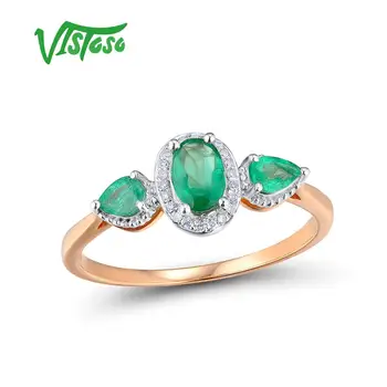 VISTOSO Zlata prstana Za Ženske Resnično 14K 585 Rose Gold Ring Čarobno Smaragdno Peneče Diamant Udejstvovanje Obletnico Fine Nakit