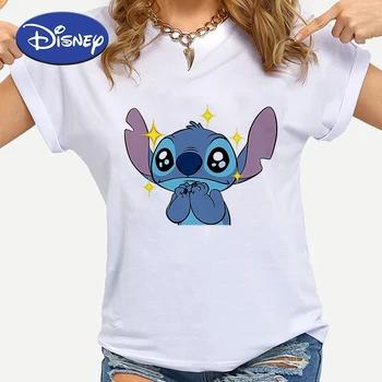 Disney Srčkan Šiv Worshiping Oči Tiskanih Ženske Tshirt Top blagovne Znamke Lilo & Stitch T-majice Modi Kawaii Crewneck Tshirt Precej
