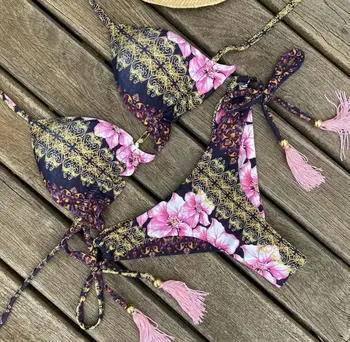 2020 Novo Povoj Povodcem Natisnjeni Kopalke Ženske Kopalke Seksi Push Up Bikini Komplet Poletnih Kopalke Nizko Pasu Plažo Biquinis