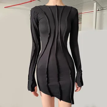 BOOFEENAA Asimetrične Black Bodycon Obleke za Ženske Obleke 2020 Fashion Sexy Rebrasto Pletenega Dolg Rokav Mini Obleka C95-CB31