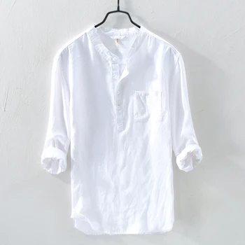 2019, za Moške tri četrtletja rokav čisto perilo majica fashion bele srajce moške blagovne znamke poletje majica moški stoji ovratnik srajce moški camisa