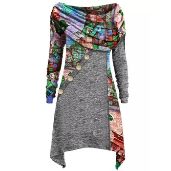 Ženske Priložnostne Mozaik Tiskanje-line Obleko 2021 Pomlad Elegantno Okrogel vratni Izrez Stranka Obleko Dame Moda Dolg Rokav Tunika Obleka