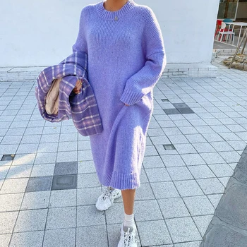 Priložnostne Ohlapen Pulover Obleko Zimske Ženske Modni Pletenje Obleke, Dolgimi Puloverji Korejski Slog Lady Toplo Dolgo Obleko Oversize