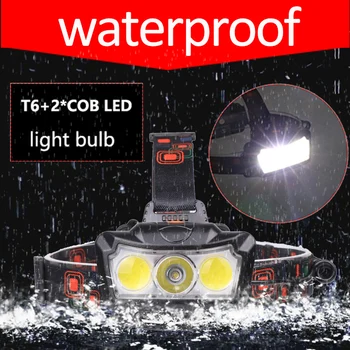 LED Žaromet Super Svetla T6+2COB LED Smerniki Glavo Svetilka vodotesno Svetilko Lanterna vodja svetlobe Uporabo 2*18650 baterije, za Kampiranje