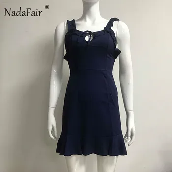 Nadafair Ruffle Mini A-Line Obleko Backless Beach Club Stranka Obleke, Ženske Ulične Čipke Špageti Trak Vestidos