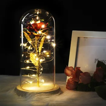 6 Barvna Lepota In Zver Rdečo Vrtnico V Stekleno Kupolo Na Leseno Osnovo Za valentinovega Darila LED Rose Svetilke Božič