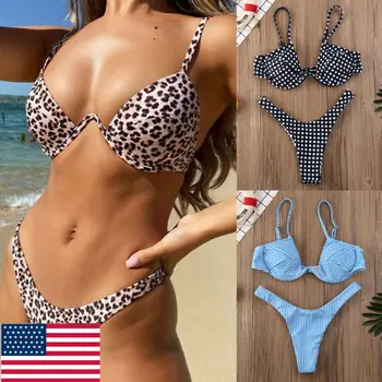 2pcs Ženske Push-up Bikini Komplet Leopard Kopalke Kariran Modrc Povoj Kopalkah na Plaži kopalke