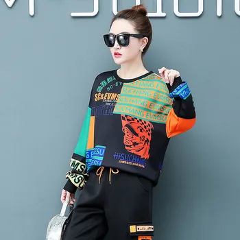 2020 Pomlad Korejske Modne Dame Svoboden Dveh Kosov Določa Ženska Mozaik Tiskanih Obleke, Casual Prevelik Vrhovi + Hlače Oblačila