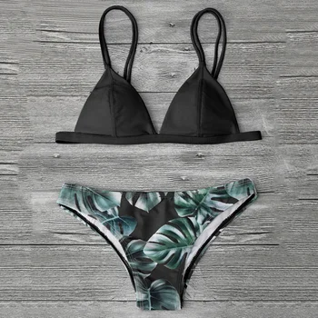 Seksi Ženske Kopalke Bikini Set Print Listi Push-Up Oblazinjeni Kopalke Nizek Pas za Kopanje Plažo bikini Kopalke 2019