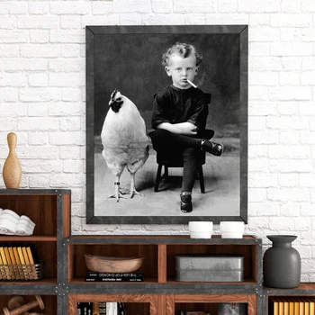 Čudno Letnik Plakat, Fotografija Natisne , Fant Kajenje s Svojo Piščanec Pet Starinsko Umetniški Portret Platno Stensko Slikarstvo Art Dekor