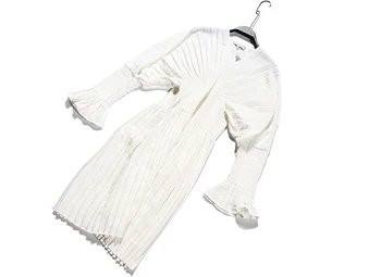 CHICEVER Vintage Obleko Za Ženske V Vratu Flare Dolg Rokav Visoko Pasu Ruched Svoboden Midi Obleke Ženska 2020 Jeseni Oblačila Tide