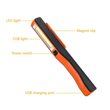 COB LED Svetilka USB Polnilne Delovna Svetloba Močno Magnetno Delo Svetilka Vrtenja Kavljem Taborjenje Luč Pregled Lučka