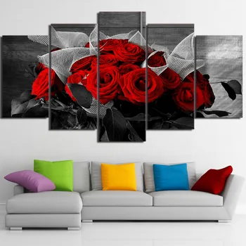 Platno Slikarstvo Modularni 5 Kosov Rdečih Makovih Cvetov Sliko Rose Plakati Wall Art za Dnevna Soba Dekoracijo Doma