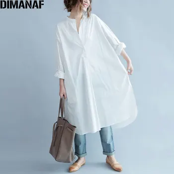 DIMANAF Ženske Bluzo Plus Velikost Jeseni Bombaža Dolgo Bluzo Trdna O-Vratu Split Priložnostne Moda Svoboden White Elegantna Ženska Bluza