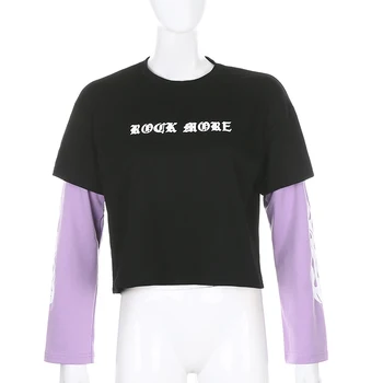 IAMSURE Jeseni Ulične Mode Mozaik Dolg Rokav T-Shirt Za Ženske Gotike Punk Stil O-Vratu Pismo Tiskanja Ženske Majice