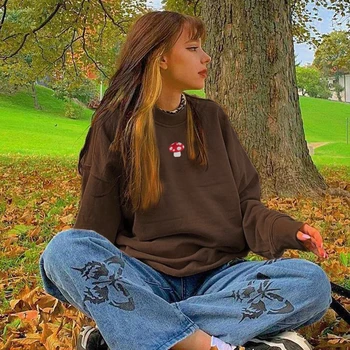 HEYounGIRL Rjava Priložnostne Crewneck Majica Ženske Jeseni Mode Natisnjeni Pulover z Dolgimi Rokavi Znoj Shirt korejski Ulične Y2K