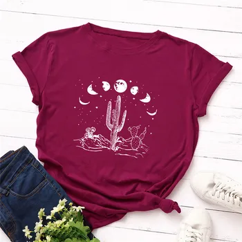 Plus Velikost S-5XL Bombaža T-Shirt Voguish Luna Kaktus Print Majica s kratkimi rokavi Ženske O Vratu Kratek Rokav Tee Poletje TShirt Ženske Roza Vrhovi