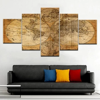 Retro zemljevid kartico oblikovanje Sodobne Platno Wall Art 5 Plošči HD Tiskanja Za dom dnevna soba dekoracijo
