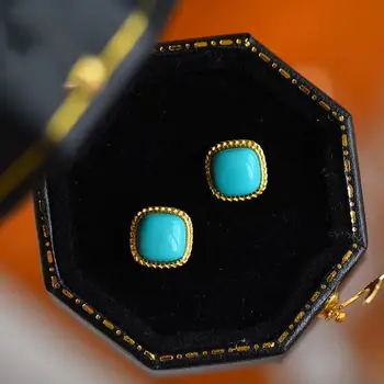 Novo Srebro Vdelan Turkizna, sveža in elegantna Modro Nebo, Uhani čar ženske je geometrično kvadratno blagovne znamke nakit